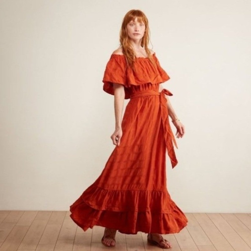 The Odells Burnt Orange Jacquard Check Ruffle Off Shoulder Maxi Dress Small NWT